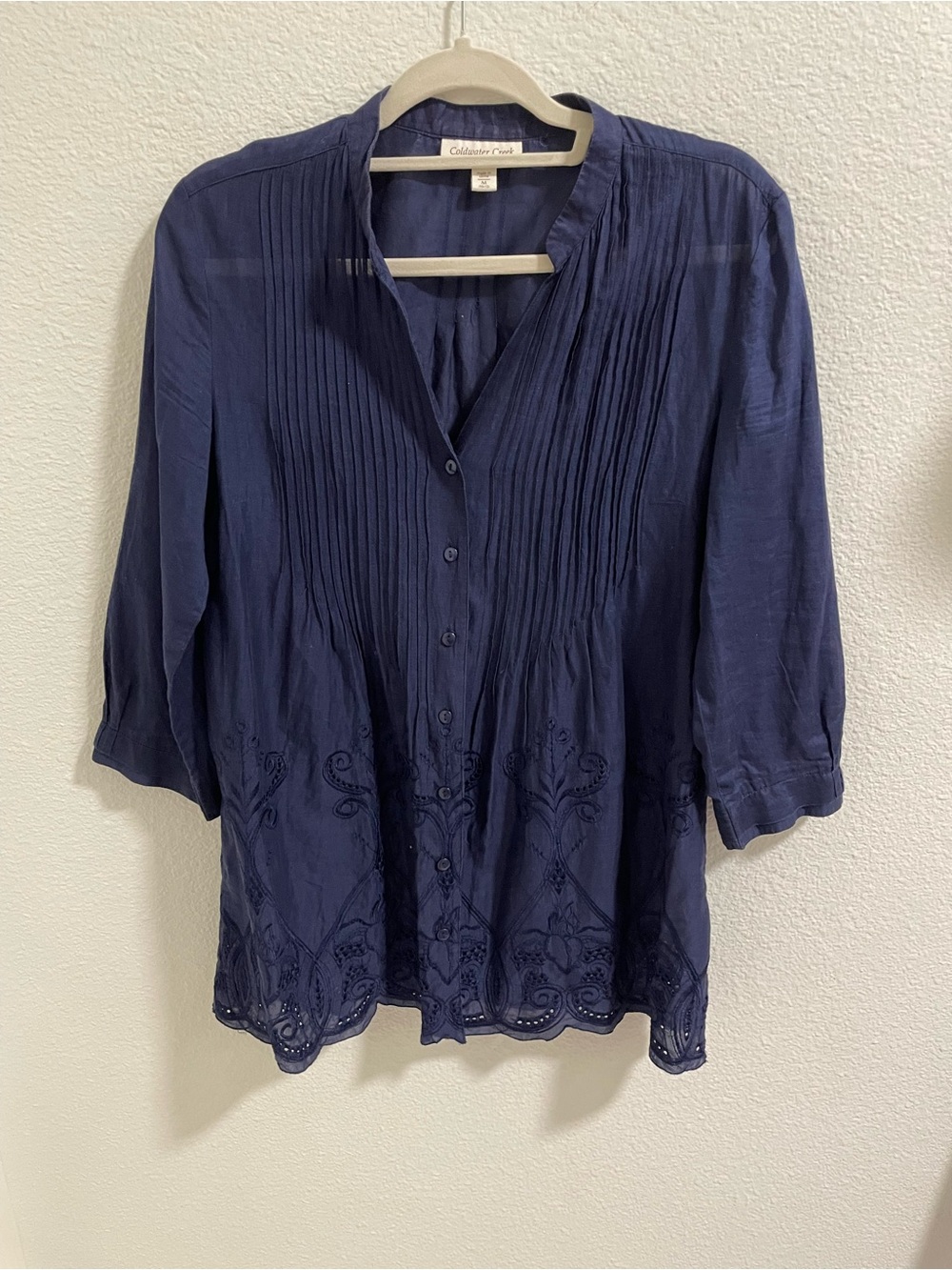 Coldwater Creek Navy Pintuck Button-Front Embroidered Blouse